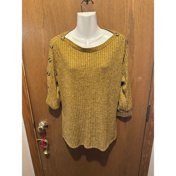 LARGE retrology Yellow Ribbed Button-Up Short Sleeve Sweater Top buttons - Picture 1 of 2